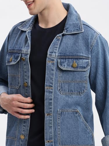 Image of SHOWOFFFF Men Solid Denim Jacket | Spread Collar Full Sleeves Denim Jacket for Mens | Slim Fit Regular Length Jacket for Men's