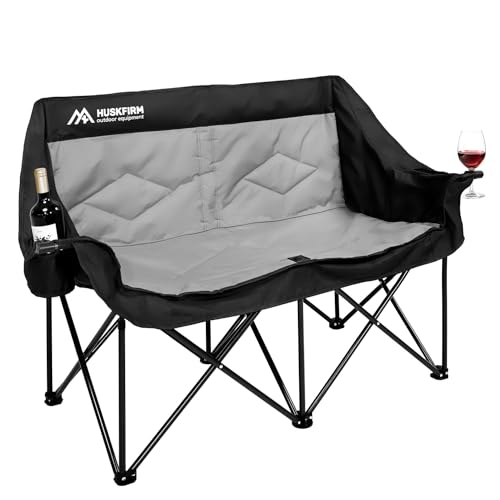キャンプ チェア 2人掛け折りたたみ椅子キャンプ 椅子耐荷重300KGカップホルダーと収納バッグ付きふたりがけ椅子 キャンプ屋外、キャンプ、芝生に適した黒のポータブルアウトドア チェア