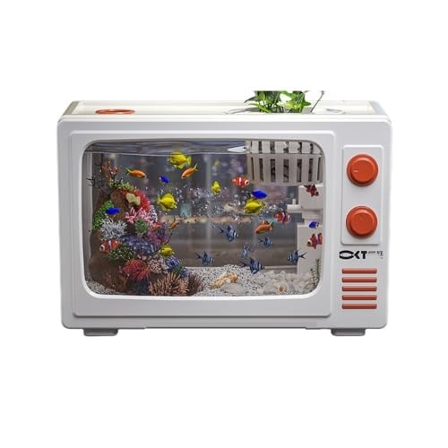 3 Gallon Desktop Aquarium, Retro TV Fish Tank, Fish Tank with Multi-Function Filter, High Transparency Fish Aquarium Made of AS Materials(White,7.2x7.7x12.0in)