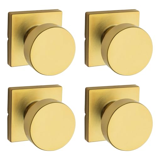 Image of Kwikset Pismo Interior Square Passage Door Knob, Handle for Closet and Hallway Doors, Non-Locking Doorknob, Satin Brass 4 Pack