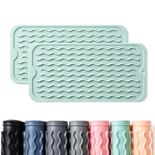 Image of 2 Pack Caketime Silicone Dish Drying Mat for Kitchen Counter Under Bathroom Sink Near Faucet Absorbent for Dishes Water Heat Resistant Pad with Soap Holder Decor essentials 12inchx6inch Green