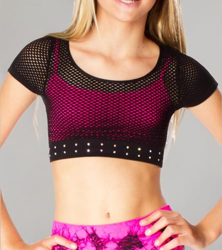 Image of Malibu Sugar Girls Mesh Crop Top Sparkling Rhinestone Dance Outfits for Girls - Short Sleeve Breathable Activewear Ages 7-14