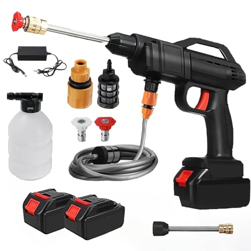Hidrolimpiadora Bateria, 21V MAX 35Bar Press & Clean Pistola Lavado con 2X 3000mAh Baterías, Limpiador de Alta Presión Portátil para Coche, Terraza, Ventanas, Piscina (con 2 Batería)
