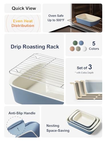 Image of LE TAUCI Deep Casserole Dishes for Oven, 13.7 inchx9.6 inch Ceramic Baking Dish Set with Roasting Racks, Large Lasagna Pans with Handles, Rectangular Bakeware as Gift for Mom, Dusty Blue (4.6QT /3.0QT /1.6QT), Set of 3