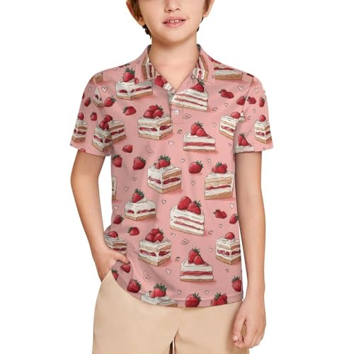 Boys' Classic Polo Shirts Short Sleeve Moisture-Wicking Golf & Tennis Shirts for Youth Teens Delicious Strawberry Cake
