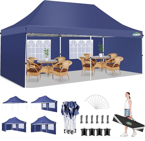 Image of COBIZI 10x20 Pop Up Canopy with 4 Sidewalls, Conical Party Tent 10x20 with 3 Adjustable Height Waterproof, UV-Resistant EZ Outdoor Gazebo with Carry Bag, Sandbag, Stake, Rope for Parties, Commercial