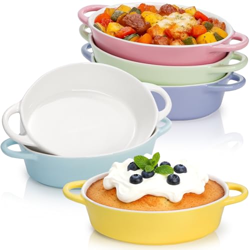 Foraineam 6 Pack 20 oz Oval Au Gratin Baking Dishes with Handles Porcelain Casserole Dish Single Serving Ramekins for Oven & Microwave Cooking and Baking 7.2 x 5.5 Oven Safe Roasting Lasagna Pan