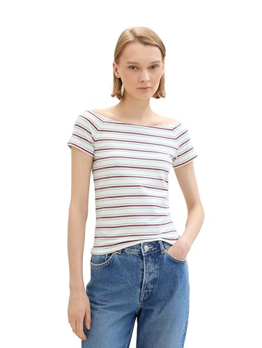 TOM TAILOR Denim 1041439 Camiseta con Cuello Bardot, 35338-White Multicolor Stripe, M Mujeres