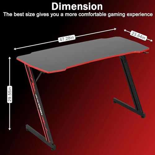 Image of 47 Inch Modern Gaming Desk for Home Office, Z Shaped Computer Desk for Teen, Large PC Gaming Table Adjustable Feet with Headphone Hook & PVC Surface