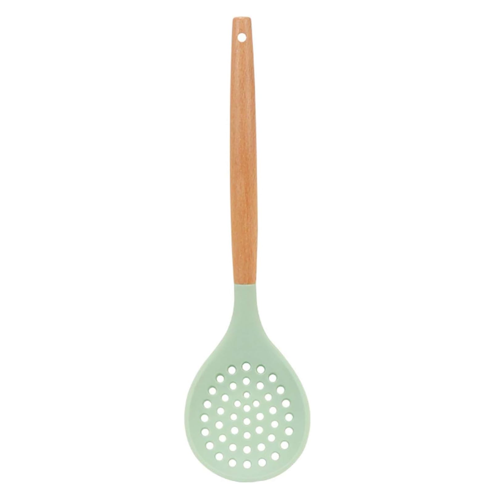Silicone Skimmer Spoon, Non-Stick Silicone Slotted Skimmer Spoon, with Heat-Resisting Comfortable Wooden Handle, Durable Draining Spoon for Kitchen Cooking, Vegetables, Meat, 12.6 Inch(1pc, Green)