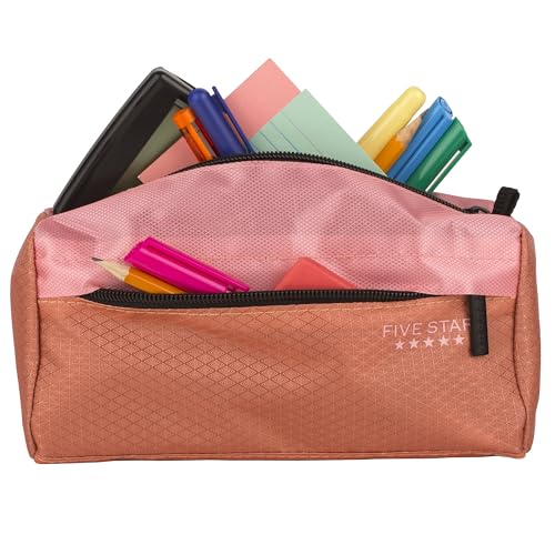 Image of Five Star Pencil Pouch, Pen Case, 9-Pocket Zipper Pouch, Storage Organizer for School Supplies Earbuds Chargers Cables Makeup, Pink /Terracotta (500213F-ECM) (Pack of 12)
