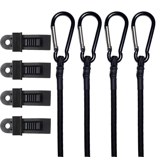 YELIER Bungee Cords with Carabiner Hooks (Black 36) 4pcs Bungee Cords with Hooks with 4pcs Tarp Clips Strong and Odor-Free for Outdoor Tent Cargo RV
