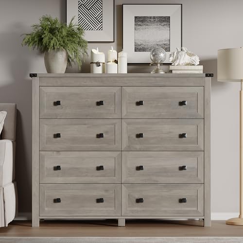Image of BORNOON Tall 8-Drawer Dresser, Modern Wooden Storage Chest of Drawers, Dresser TV Stand, Wood Drawer Organizer with Metal Handles for Bedroom, Living Room, Hallway