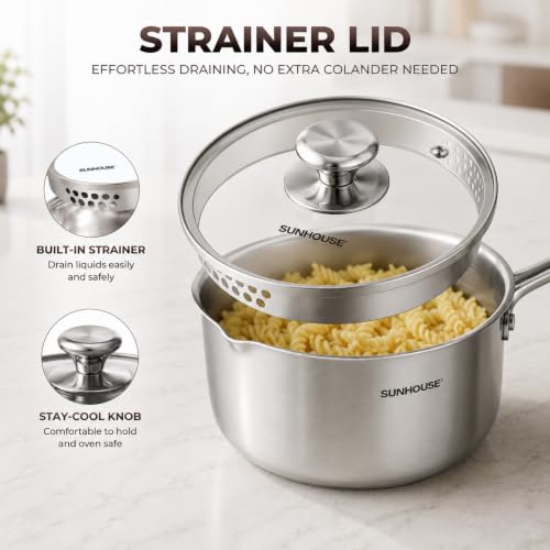 Image of SUNHOUSE 3QT Stainless Steel Saucepan with Pour Spout & Strainer Glass Lid | Tri-Ply Full Clad Stainless Steel Small Sauce Pan for Cooking, Multipurpose Pasta Pot, Dual Pour Spouts, Induction Compatible