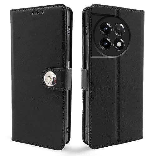 Image of Pikkme OnePlus 11R 5G Flip Cover Leather Finish | Inside TPU with Card Pockets | Wallet Stand and Shock Proof | Complete Protection Button Flip Case (Black)