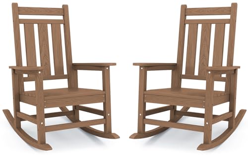 Image of KINGYES Oversized Outdoor Rocking Chair Set of 2, HDPE Patio Rockers, Brown
