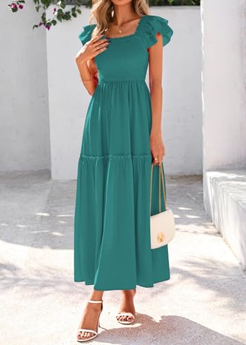 Image of KIRUNDO Smocked Summer Midi Dresses for Women 2026 | Flowy Long Dress, Ruffle Short Sleeve, Square Neck, Pocketed, Sundress for Casual, Church, Wedding Guest, Baby Shower