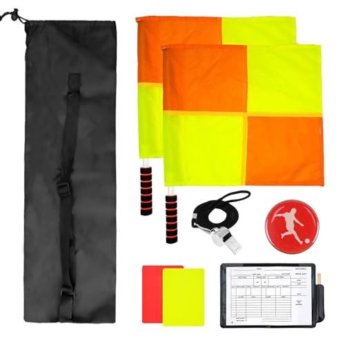 Soccer Referee Kit Included 2 Pcs Checkered Linesman Soccer Flags Coach Stainless Steel Referee Whistle Red Yellow Ref Cards with Pencil and Notebook  Coin flipper with Storage Bag