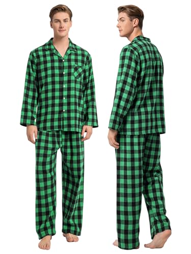Schbbbta Pajamas for Mens, Flannel Black Green Family Plaid Pajamas Cotton 2-Piece Button Down Sleepwear Pjs Sets, Black Green, US L4