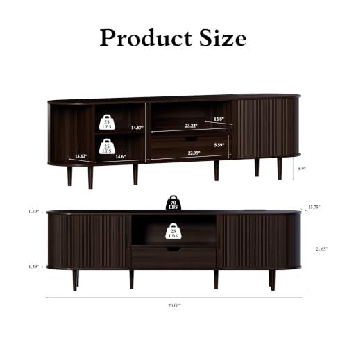 Image of DHH 71 inch Fluted TV Stand with Power Outlet for TVs up to 80 inch, TV Console with Adjustable Shelves and Sliding Door,Mid Century Modern Entertainment Center for Living Room,Bedroom (Dark Walnut)