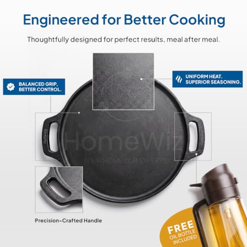 Image of HomeWiz Cast Iron Non Stick Dosa Tawa 30 cm | Free Oil Dispenser 500ml | Pre-Seasoned Cast Iron Tawa for Roti & Dosa | Big Size Cast Iron Dosa Tawa | Lifetime Usage | Works on Induction & Gas Stove