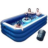 【Fácil de inflar y desinflar】 Se tarda entre 3 y 5 minutos en inflar la piscina sobre el suelo con la bomba de aire automática (incluida), y el tapón de drenaje incorporado ayuda a vaciar y desinflar esta piscina inflable de manera fácil y rápida. Vierta agua en la piscina y estará listo para comenzar su fiesta acuática de verano. Esta piscina al aire libre se puede plegar para facilitar su transporte.