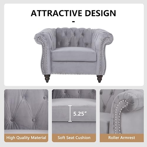 Image of QHITTY Accent Chair, Chesterfield Chair Modern Velvet Upholstered Chairs with Tufted Back for Living Room Furniture (Grey)