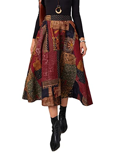 WDIRARA Women's Patchwork Skirt High Waisted A Line Flowy Boho Vintage Midi Skirt