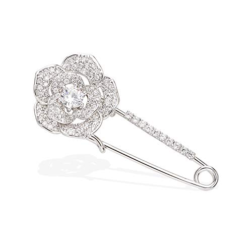 YYBONNIE Silver Tone Sparking Micro Pave Layered Petal CZ Rose Flower Cardigan Sweater Safety Pin Brooch