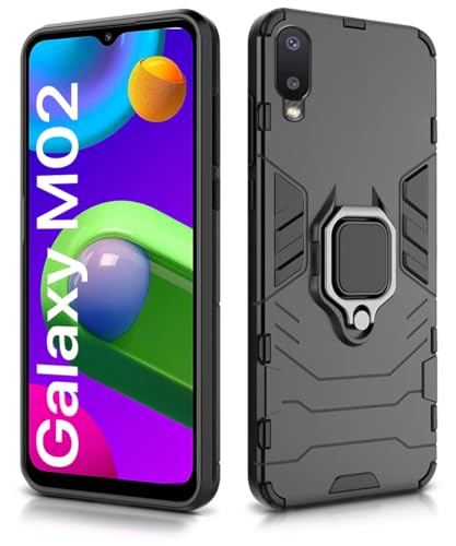 Image of WOW IMAGINE Shockproof Back Case Mobile Cover for Samsung Galaxy M02 (Armor | Hybrid PC + TPU | Full Protection with Ring Holder Kickstand | Carbon Black)