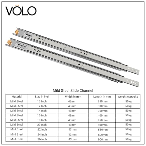 Image of Volo Heavy Duty Drawer Slides, Full Extension Ball Bearing Runners | Pack of 2 Piece | Channels for Kitchen Cabinets, Wardrobes, and Dressers (Mild Steel, 24 Inch)