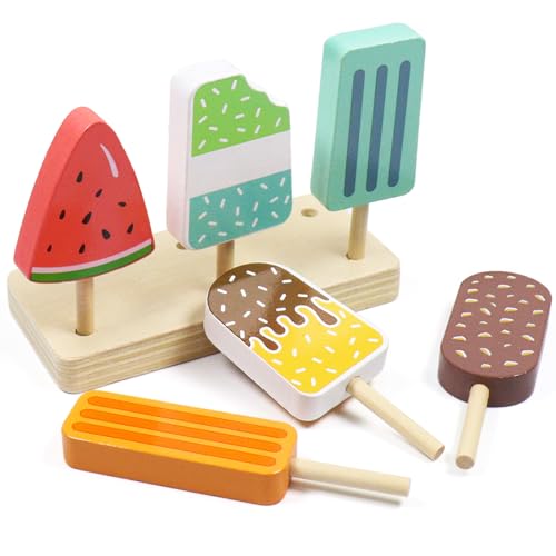 Eisdiele Kinder Holz Eiscreme Spielzeug, EIS am Stiel Holzspielzeug, EIS Spielzeug für Kinder, Kaufladen Zubehör Spielküche Rollenspiele für Kind Mädchen Jungen 3 4 5 6 Jahren Montessori Spielzeug