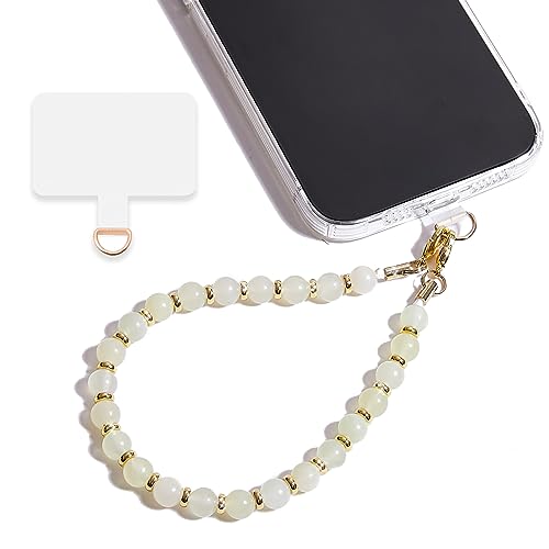 Image of Marble Beaded Phone Wrist Strap,Detachable Phone Bracelet Strap with Tether Tab,Hands-Free Wristlet Strap (Beige)