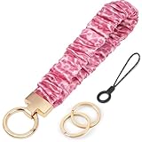 Knagsfa Stretchy Wristlet, Cute Lanyard Keychain for Women, Retractable Scrunchie Lanyard for Keys, Wallet, ID Badges, Cell Phone, Pink Leopard