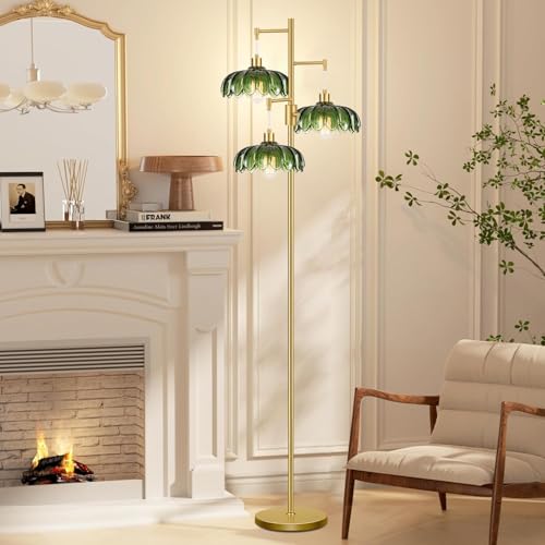 Image of Dimmable Floor Lamps for Living Room Bedroom-3 Light Gold Floor Lamp with Glass Lampshape, Flower Tall Lamp Mid Century Modern Standing Lamp Glass Tree Floor Lamps for Living Room Bedroom,Corner