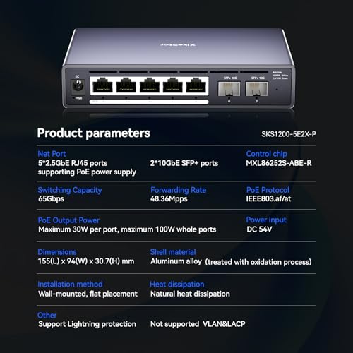 Image of 7 Port Switch, 5 Port 2.5G PoE Switch, 2 Port 10G SFP+, IEEE802.3af /at, Total Power Supply 100W, Maximum Power per Port 30W, unmanaged, Plug and Play, Compatible with 100 /1000 /2500Mbps, fanless