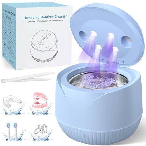 Image of Dental Ultrasonic Retainer Cleaner Machine: 45kHz Dental Cleaning Pod with Digital Timer & 200ML, Cleaning for Dentures, Mouth Guards, Aligners, Night Guards, Braces, Toothbrush Heads & Jewelry, Blue