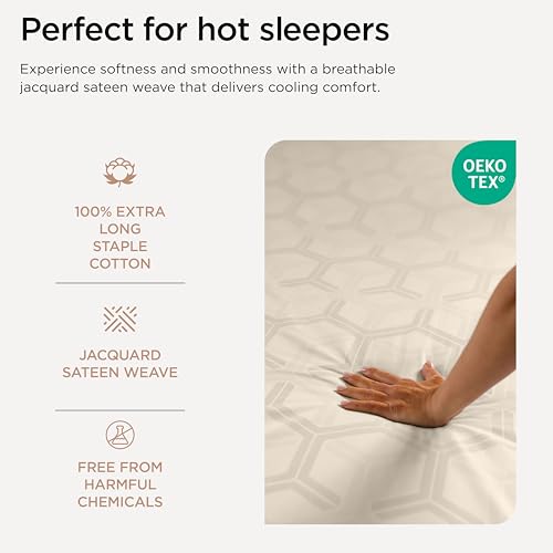 Image of Threadmill 100% Cotton Sheets for Full Size Bed - 600 Thread Count Full Bed Sheets Set with 16 inch Deep Pocket - Jacquard Sateen Weave 4-Piece Bedding Set with Cooling Effect, Beige