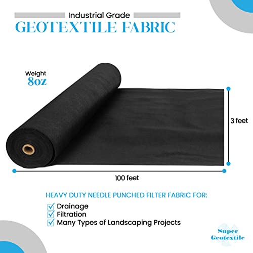 Super Geotextile 4, 6, 8 oz Non Woven Fabric for Landscaping, French Drains, Underlayment, Erosion Control, Construction Projects - 8 oz (3x100)