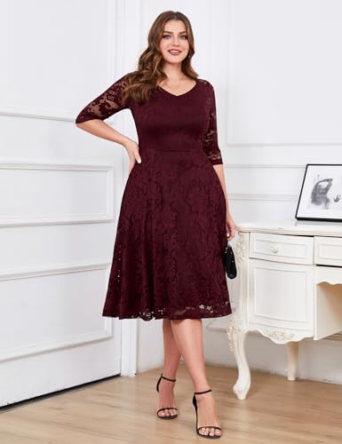 Image of Dressystar Womens Long-Sleeve Wedding Guest Dress A-Line Lace Formal Party Cocktail Midi Dress Prom Gown