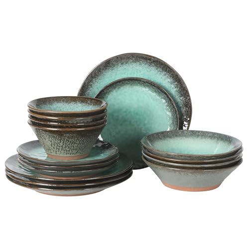 Gibson Elite Green Lantern Service for 4 (16 Piece) Double Bowl Dinnerware Set, Teal, Soft Gray, Dinnerware Set