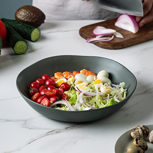 Amorarc 9.75 Inch Stoneware Flat Pasta Bowls, 38Oz Large Wide Bowls Set Of 4 For Kitchen, Microwave Safe Bowls With Wavy Rim For Pasta Salad, Matte Green-Ish Gray #TOP3