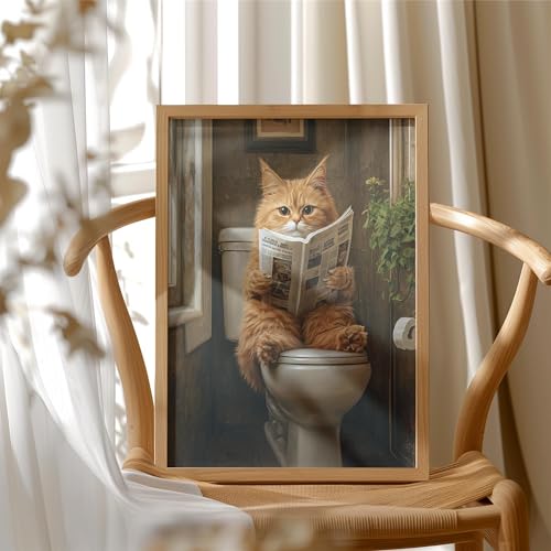 Image of Cat 3 on Toilet Wood Framed Wall Art Print Poster, Dog Bathroom Humor Decor Posters Prints for Restroom Home Picture Painting Artwork Gallery 7 (Cat 3, 11 inchW x 14 inchL, Wood Frame)