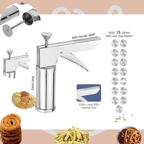 Image of ADIMORA‎ Stainless Steel 15-in-1 Kitchen Press Sev Sancha with 15 Jali Discs - Murukku, Chakli, Sev, Bhujia, Gathiya & Idiyappam Maker | Noodles & Cookie Press | Heavy Duty Snack Maker...