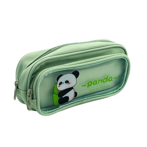 Image of Alokik Enterprise Cute Cartoon Pencil Pouch with Double Zipper & Transparent Window, Large Capacity Fabric Pen Case for School, Office, Students, Kids & Teens (Panda Have Fun with You Green Pouch)