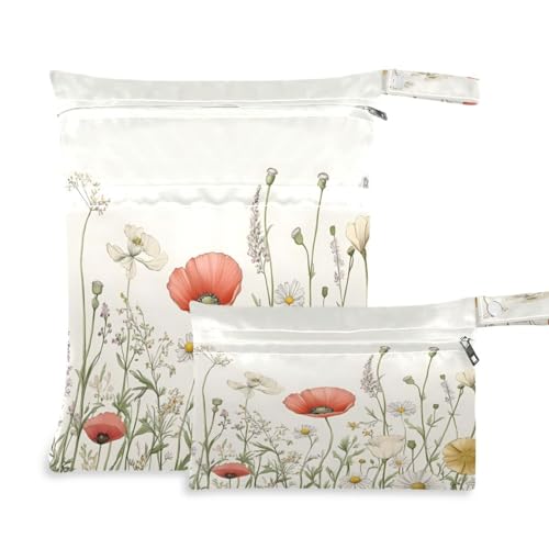 ATTX Colorful Wildflowers Wet Dry Bags 2-Pack - Reusable Cloth Diaper Storage for Travel, Beach & Gym | Multi-Use Waterproof Bags for Swimsuits, Baby Clothes, Sports Gear#305