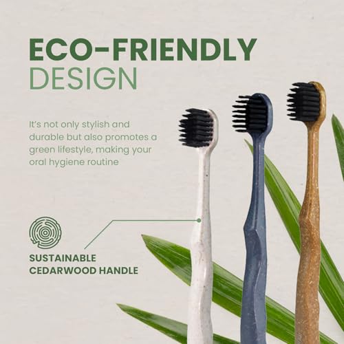 Pursonic Wide Brush Head Charcoal Toothbrush with Eco-Friendly Cedarwood Handle, 6-Pack