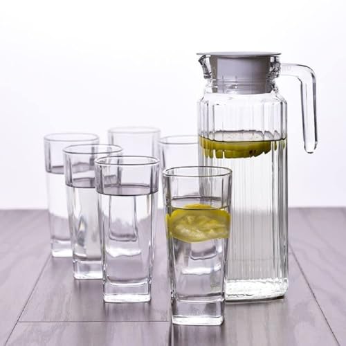 Image of Premium Water and Juice Glasses and Jug Set Combo [6 Piece Glass 270ML & 1 Piece Jug 1 Liter] Transparent Pitcher Set for Dining Table, Home & Restaurant,Party (MTS - 18)