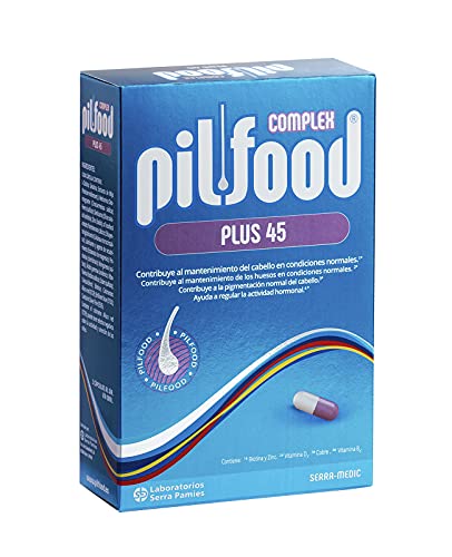 Tratamiento Anticaída con Biotina, Zinc, Cobre y Vitaminas - Pilfood Plus 45 óptimo para el periodo de menopausia - 90 Cápsulas - Sin gluten - Eficacia testada Cover