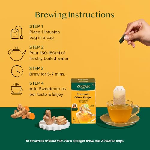 Image of VAHDAM, Turmeric Citrus Ginger Infusion - 36 Bags | Caffeine-Free | Supports Daily Throat Care | Individually Wrapped for Freshness | Turmeric, Cinnamon, Lemongrass, Cardamom, Ginger & Black Pepper